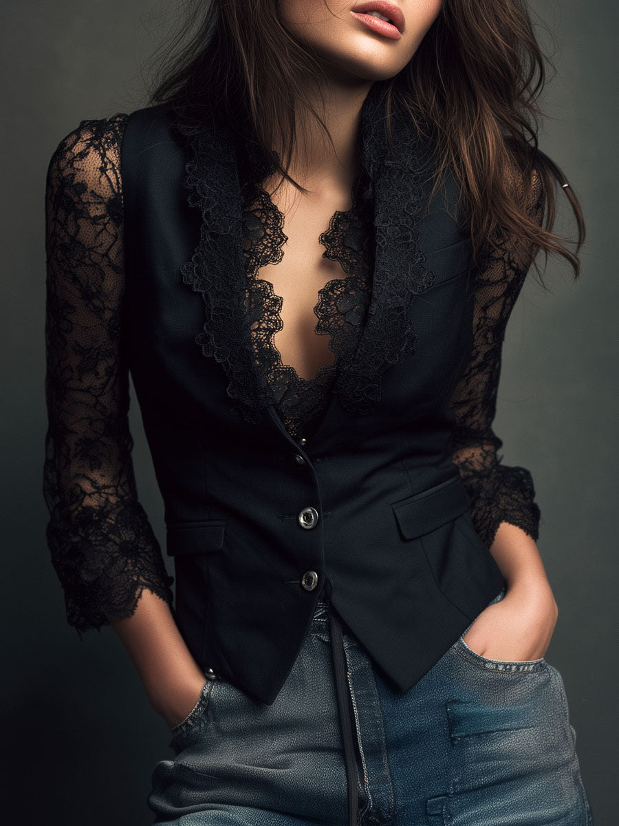 Hoge Zwarte Blazer met Semi-Transparante Mouwen