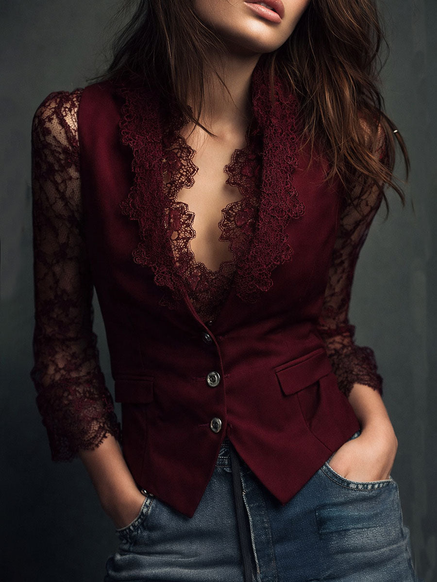 Hoge Zwarte Blazer met Semi-Transparante Mouwen