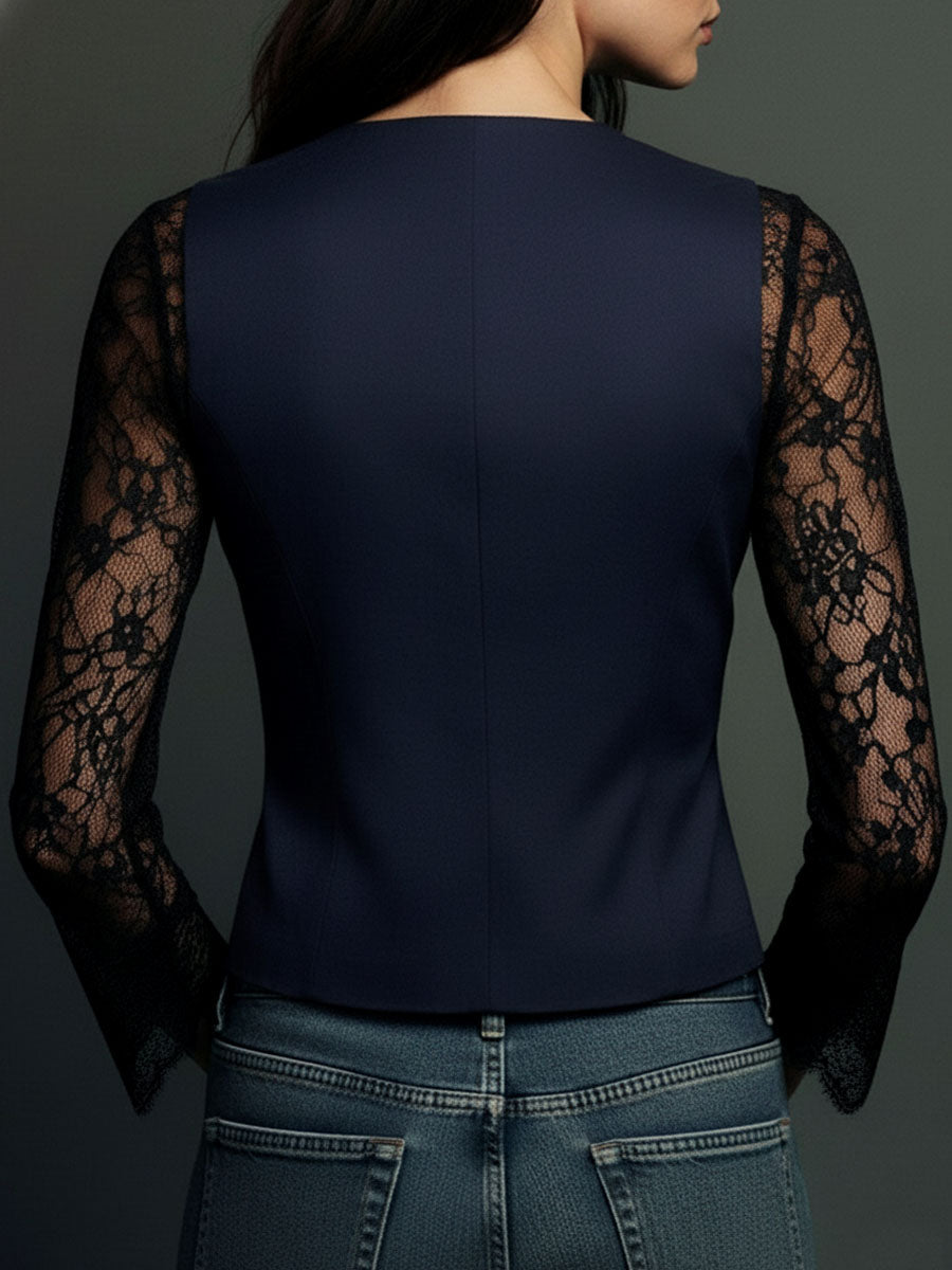 Hoge Zwarte Blazer met Semi-Transparante Mouwen