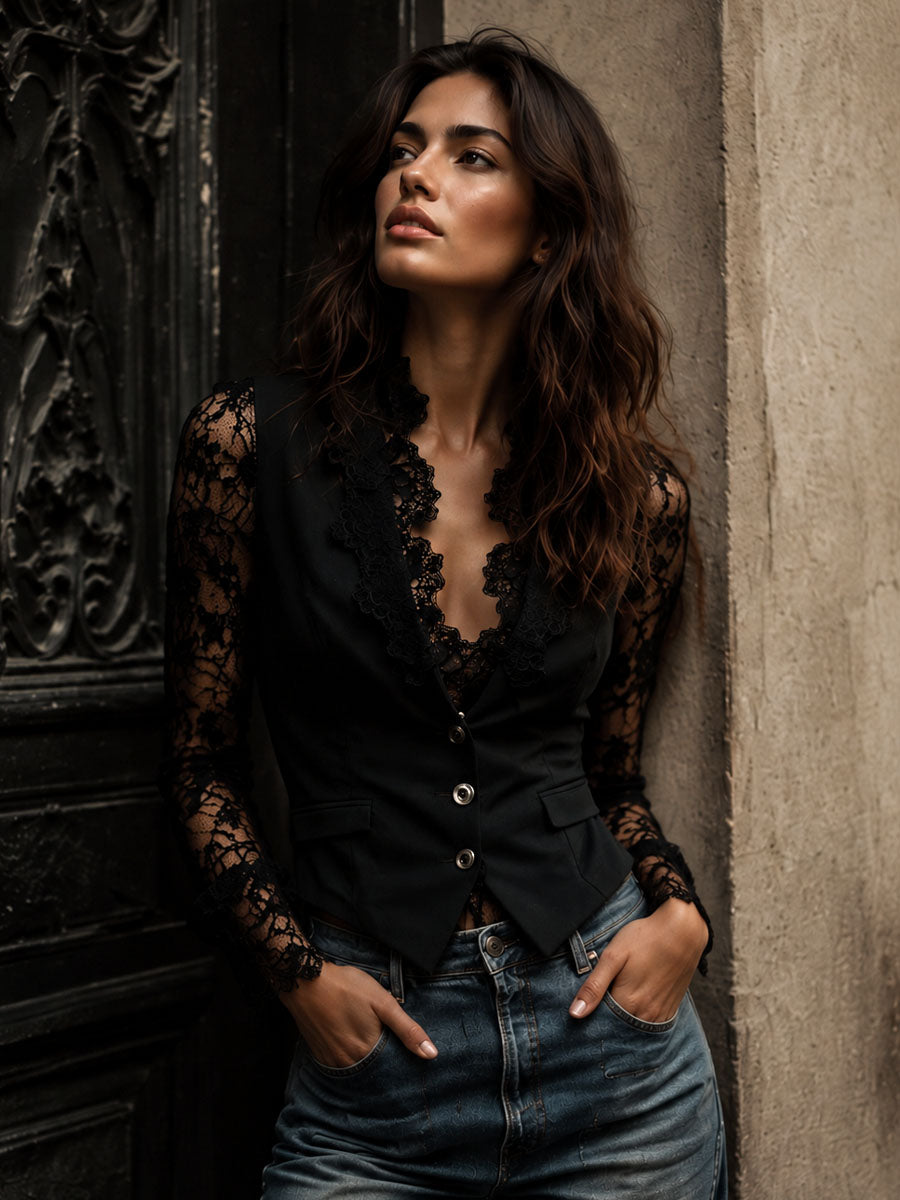 Hoge Zwarte Blazer met Semi-Transparante Mouwen