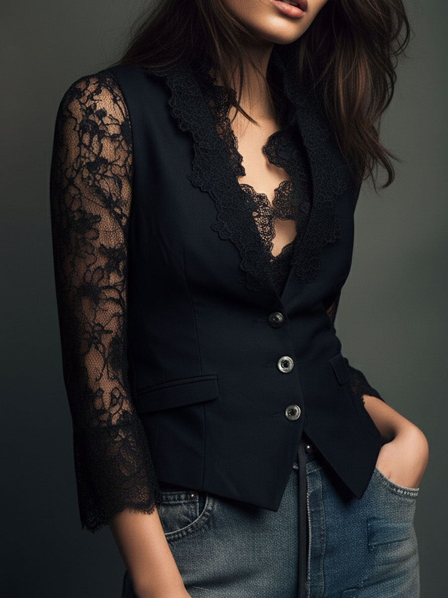 Hoge Zwarte Blazer met Semi-Transparante Mouwen