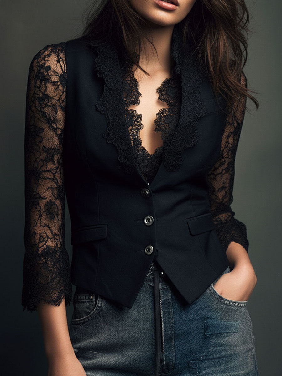 Hoge Zwarte Blazer met Semi-Transparante Mouwen