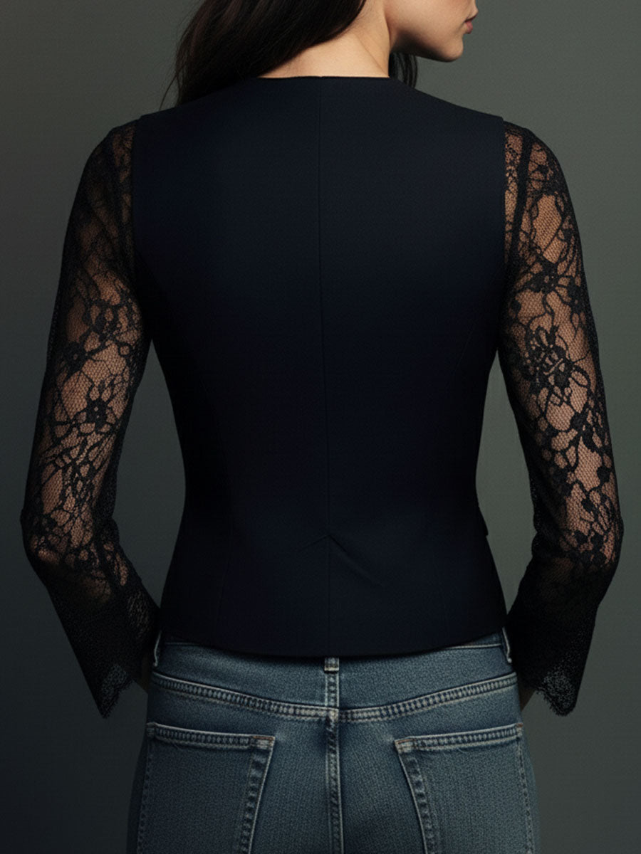 Hoge Zwarte Blazer met Semi-Transparante Mouwen