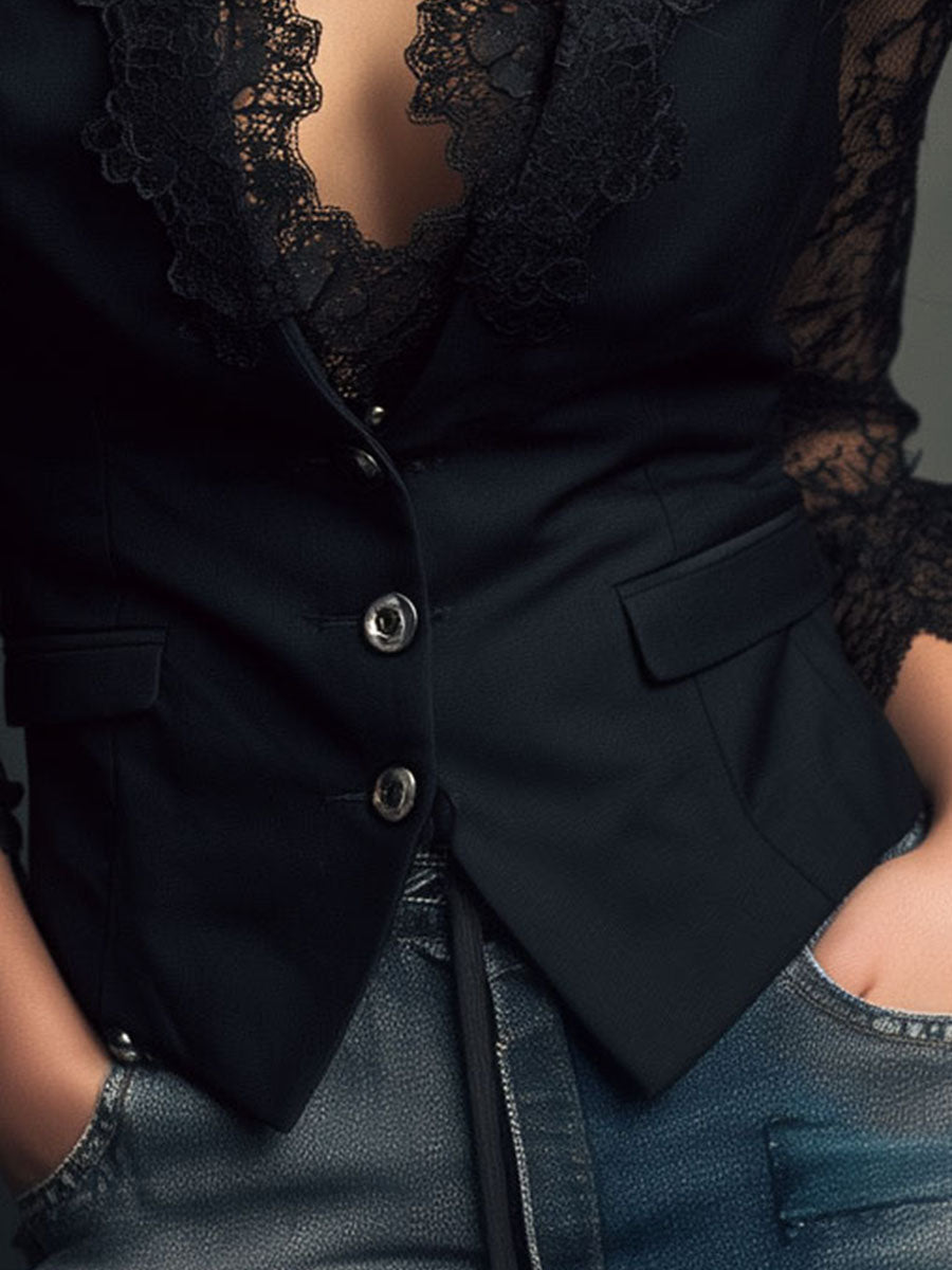 Hoge Zwarte Blazer met Semi-Transparante Mouwen