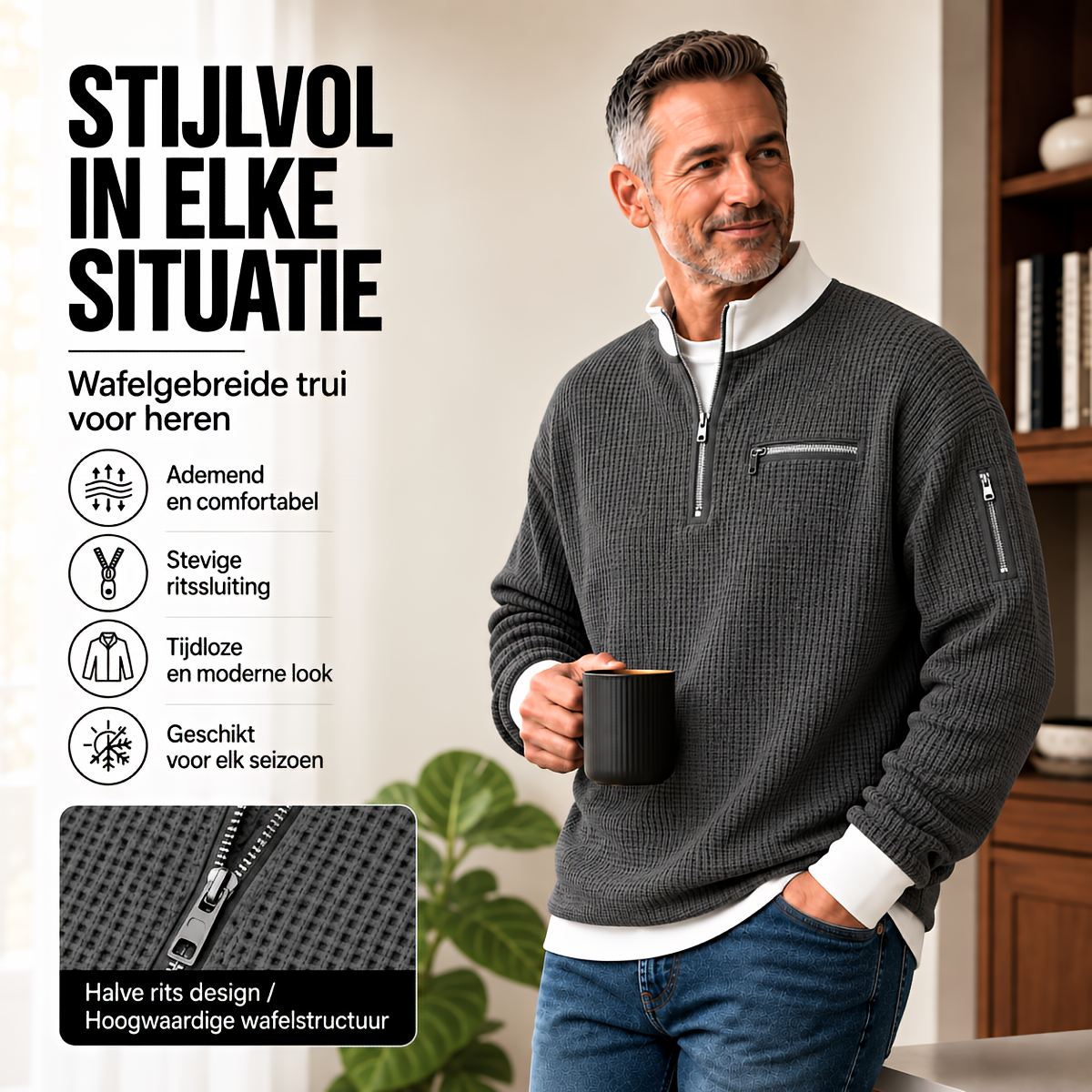 Trui heren Wafelgebreide trui met halve rits